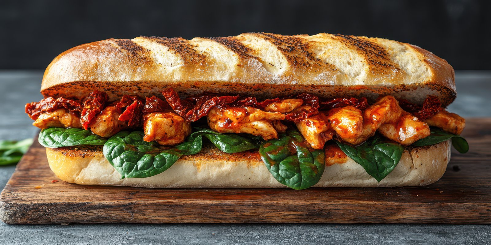 Delicious grilled chicken sandwich with spinach and sun-dried tomatoes served on rustic bread